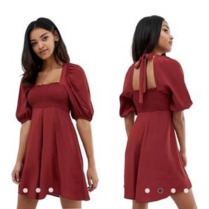 Asos Womens Dress Rust Maroon Shirred Bustier Puff Sleeve Mini Skater Size 12